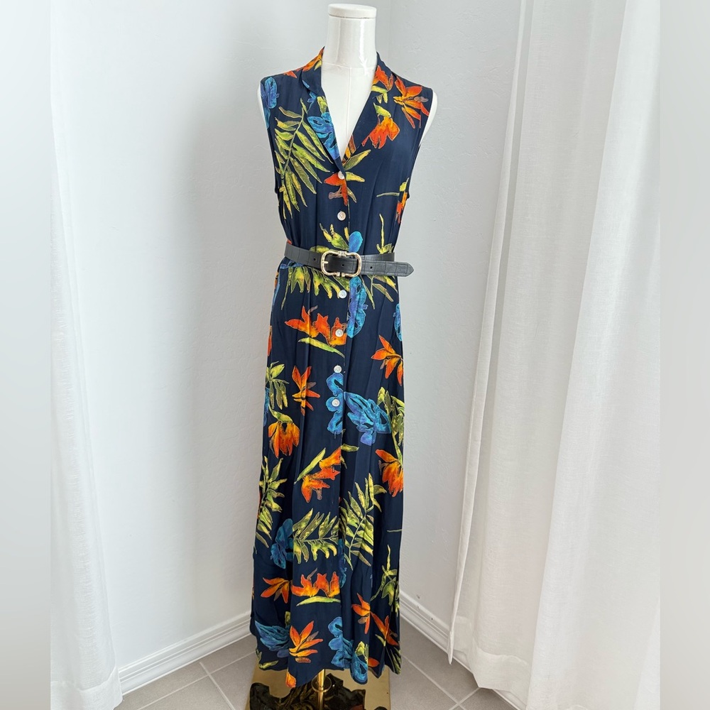 Vintage Carol Anderson Tropical Navy blue multicolor Maxi dress US Small/Medium